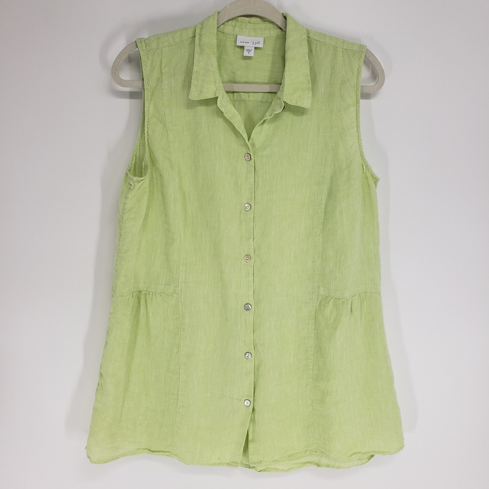 J Jill Love Linen Sleeveless Button Down Top Women Size M Lime Green Peplum Hem